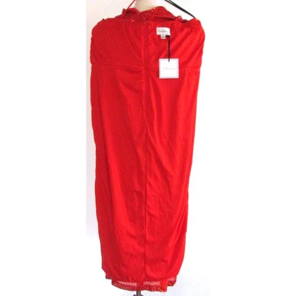 Designer Premier Amour Red Sequin Midi Length Spaghetti Strap Pencil Dress 16.R - Picture 12 of 16